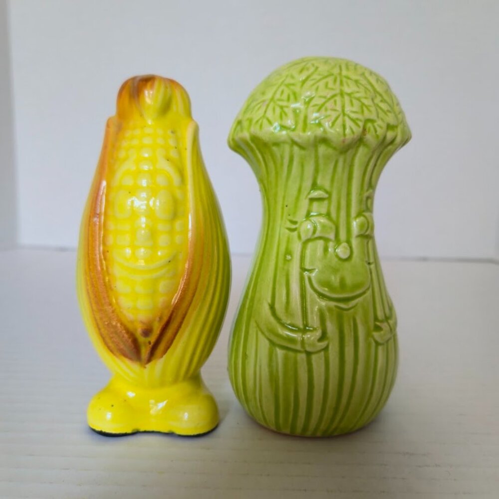 Vintage Anthropomorphic Corn & Celery Ceramic Salt + Pepper Shaker Made in Japan